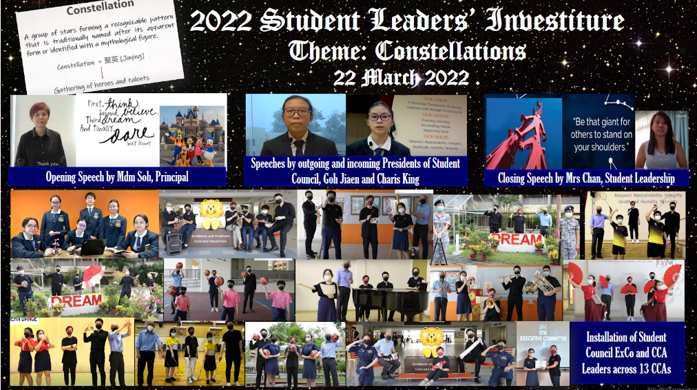 Collage for 2022 Student Leaders Investiture on 22 March 2022, themed Constellations, showing speeches and student performances.